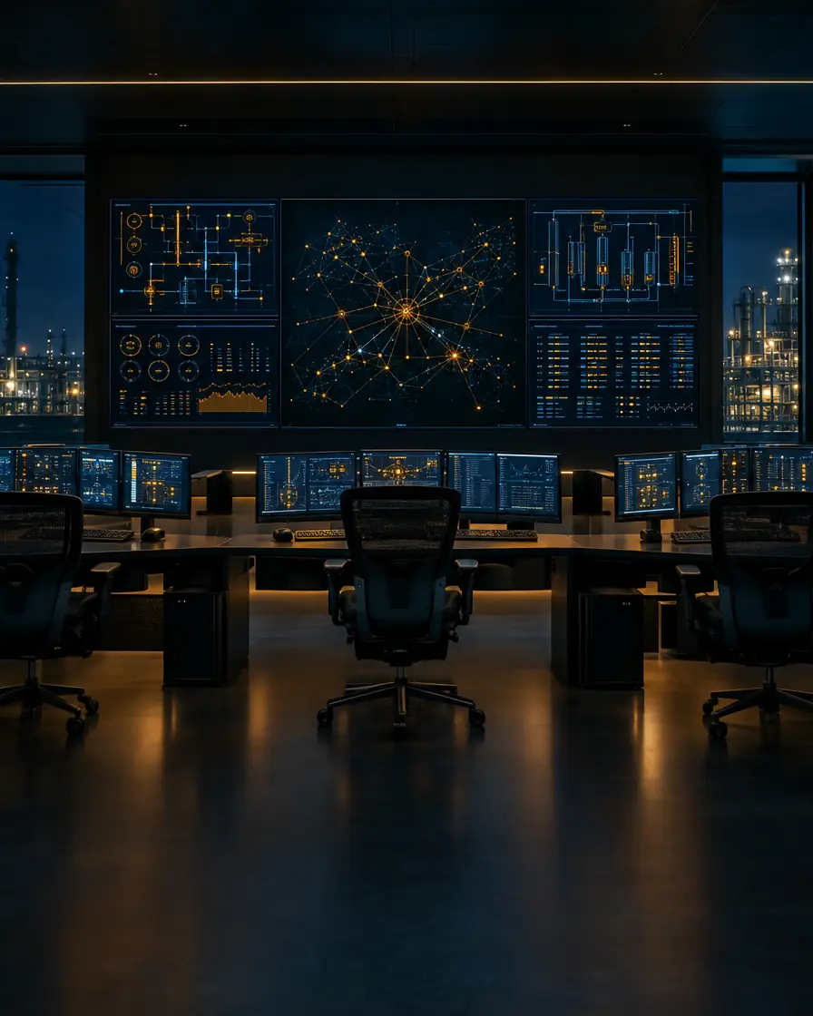 Operators at a control room wall of process screens, the kind of environment ForgeSOC monitors across industries