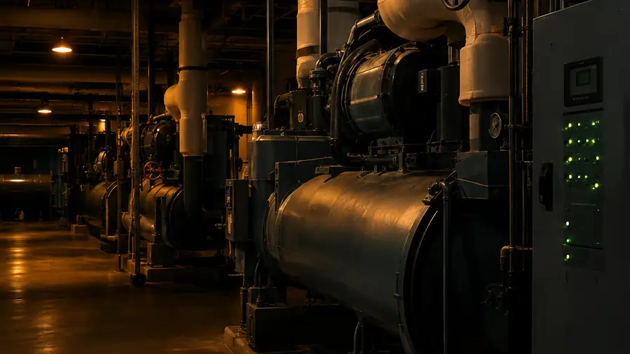 Building mechanical plant with chillers and HVAC piping, the facility OT systems ForgeSOC monitors