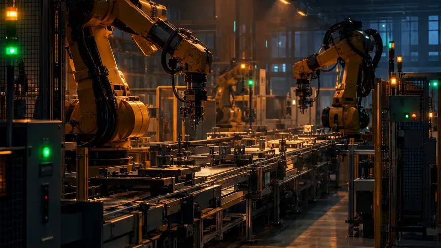 Manufacturing plant floor with a production line and robotic cell, the OT environment ForgeSOC monitors
