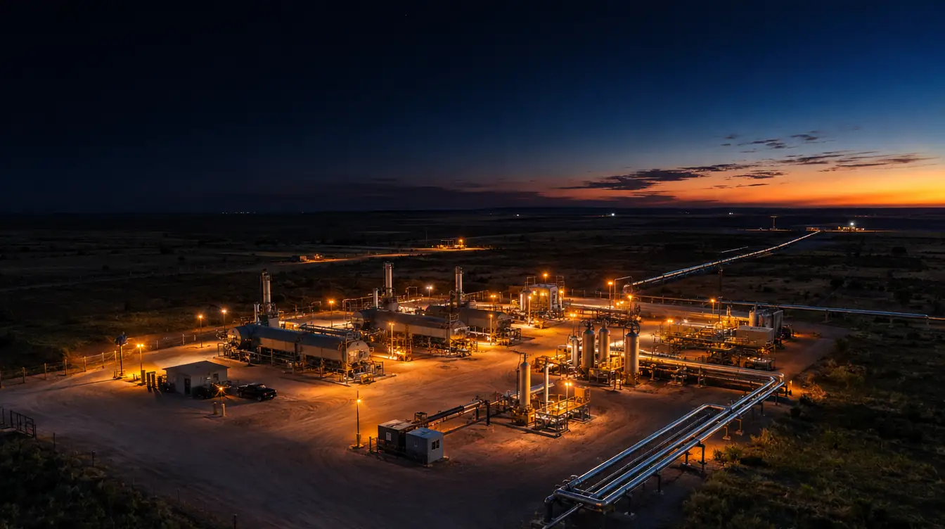 Compressor station with piping and metering equipment, the remote midstream sites ForgeSOC monitors through SCADA and RTU telemetry