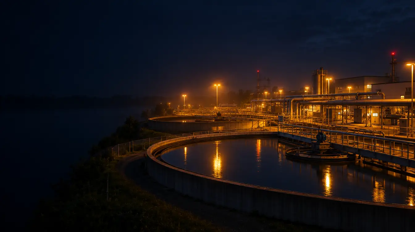 Water treatment plant with clarifiers and tanks, representing the SCADA and PLC systems ForgeSOC monitors for water utilities