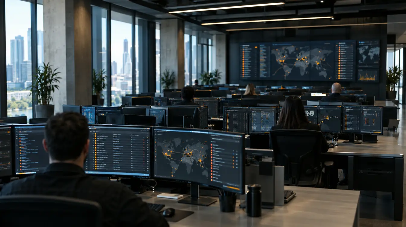 ForgeSOC analysts at workstations on a dedicated SOC floor monitoring OT environments.